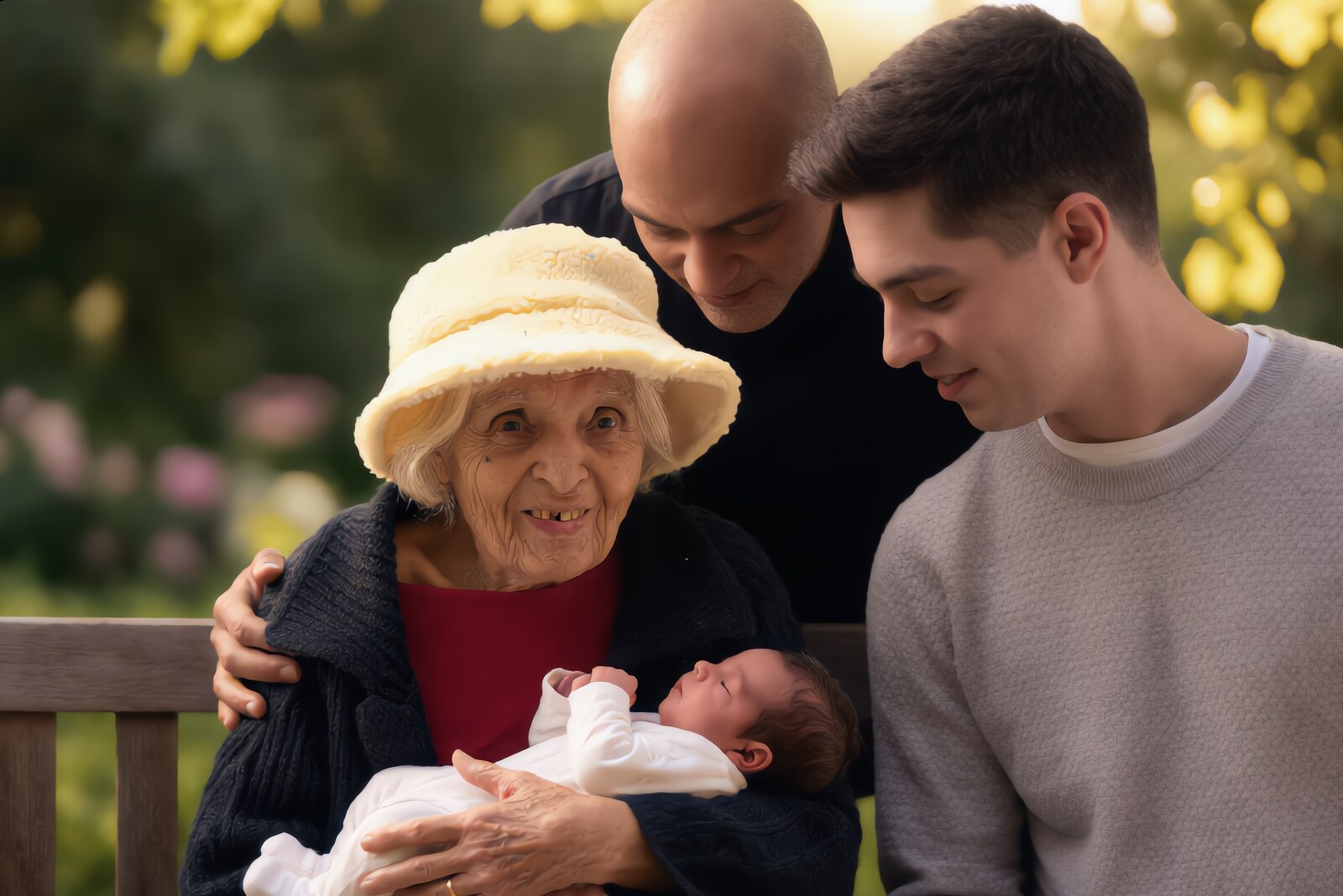 Surjit in a yellow hat holding her great-grandchild, with her two sons beside her — four generations together