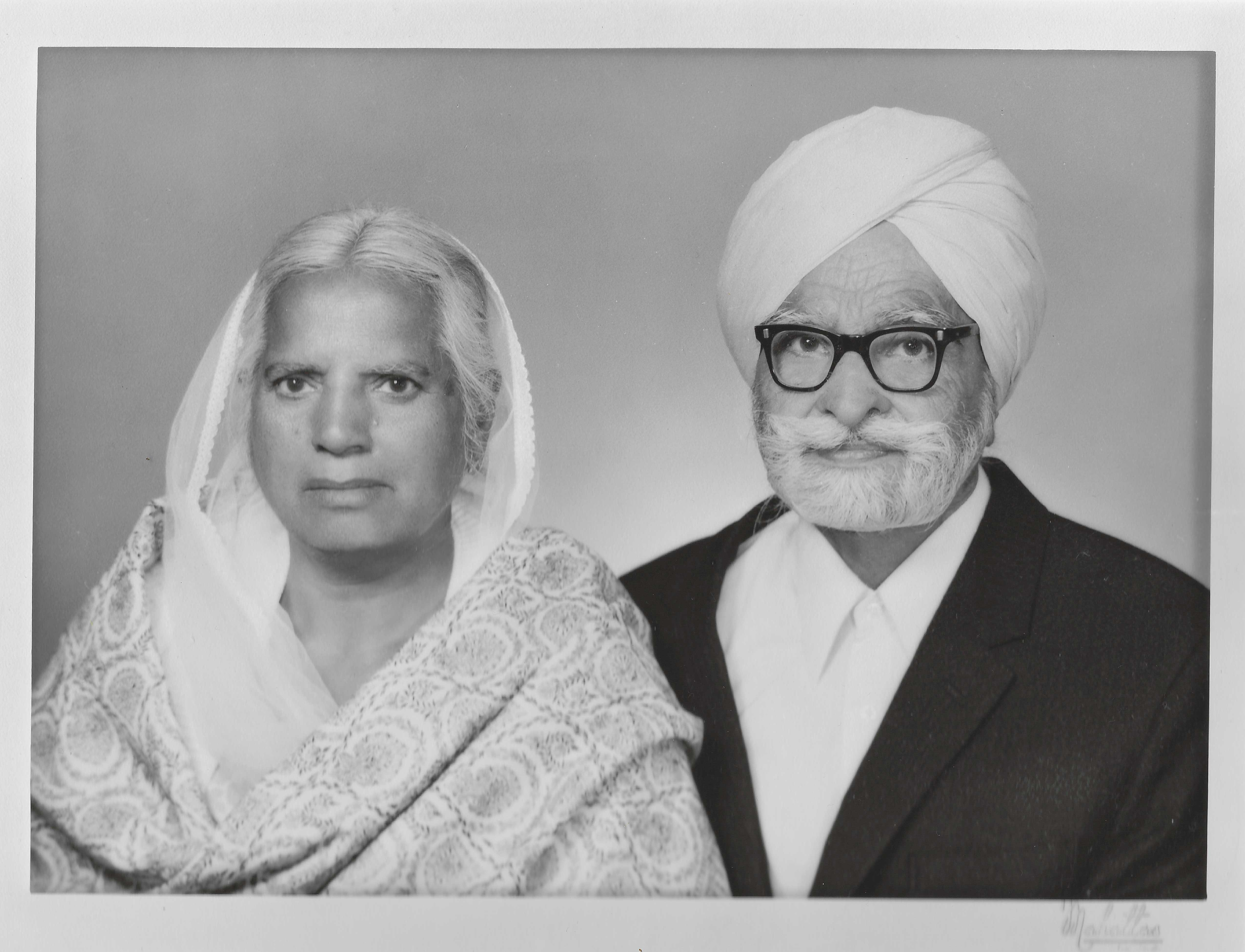 Surjit's parents — a beautiful black and white portrait of her mum and dad