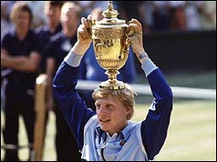 A 17-year-old Boris Becker lifting the Wimbledon trophy in 1985