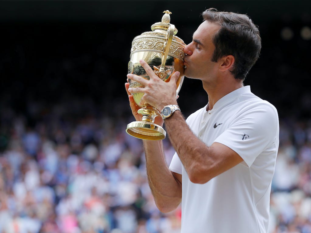 Roger Federer with the Wimbledon trophy in 2017