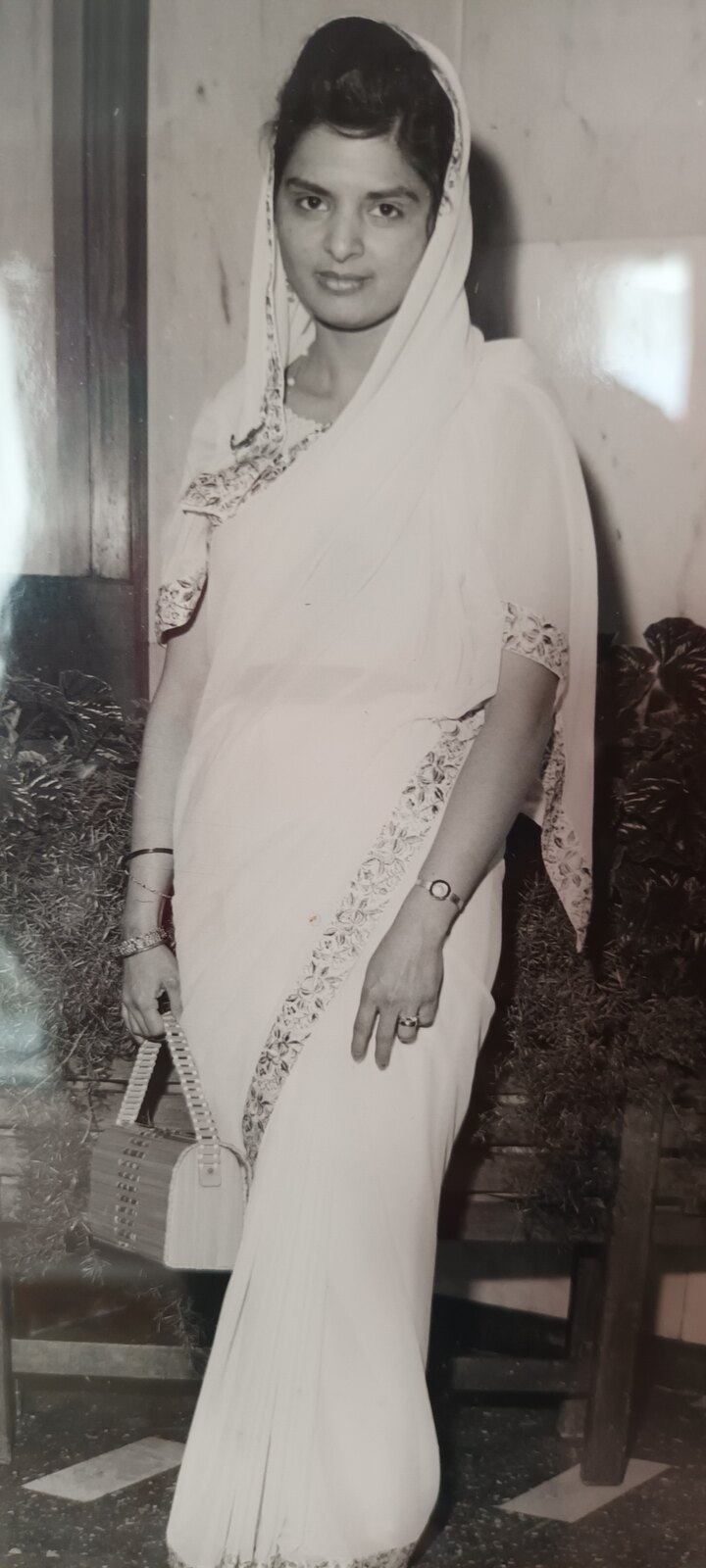 A young Surjit in a beautiful embroidered salwar kameez — a stunning vintage portrait